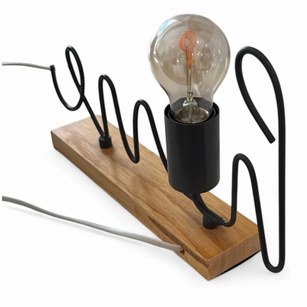 Mercantile Market Home Wireworks Gray Script Accent Lamp on Wood Base